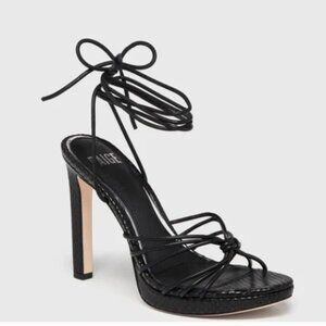 Paige Viola Black Snake Embossed Leather Heels Strappy Ankle Tie Size 7.5 Womens